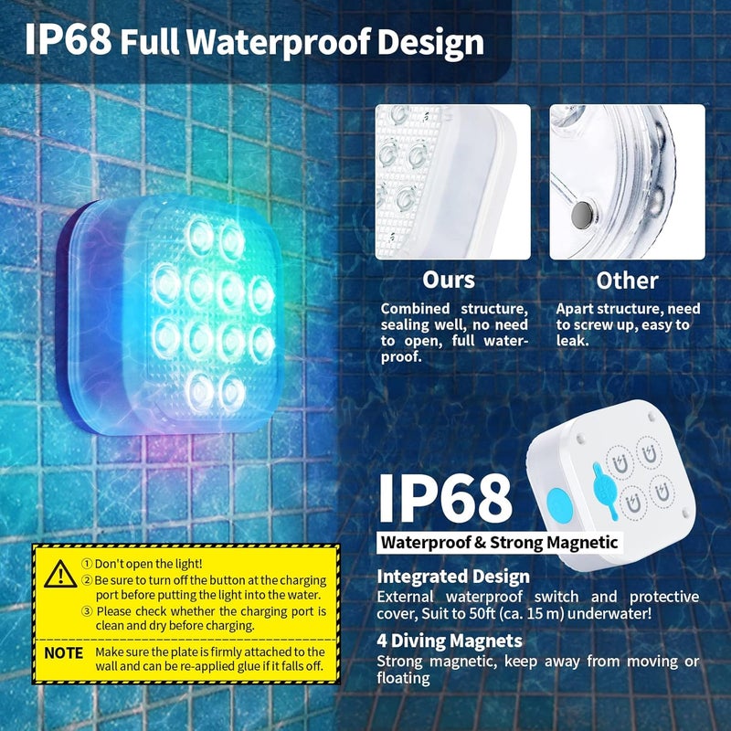 HOMLY Rechargeable Submersible Pool Lights with Remote, Waterproof Underwater Charging Battery Operated Controlled 16 Color Changing LED with Magnet Floating Lights Pool Pond Decoration 2 Pack - Image 5
